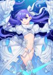  1girl armor armored_boots asymmetrical_bangs bangs boots crotch_plate eyebrows_visible_through_hair fate/extra fate/extra_ccc fate/grand_order fate_(series) hair_ribbon karokuchitose long_hair looking_at_viewer meltlilith navel parted_lips purple_hair ribbon smile solo tears thigh-highs violet_eyes white_coat white_ribbon 