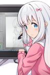  1girl blue_eyes blush bow eromanga_sensei hair_bow izumi_sagiri kela long_hair looking_at_viewer looking_back pajamas pink_bow recursion revision solo stylus tablet_pc white_hair 