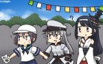  &gt;:d 3girls :&gt; :d ? akebono_(kantai_collection) baseball_cap bell belt black_hair blush brown_eyes commentary dated detached_sleeves flower fusou_(kantai_collection) gangut_(kantai_collection) gloves grey_hair hair_bell hair_flower hair_ornament hamu_koutarou hand_holding hat highres jingle_bell kantai_collection long_hair low-tied_long_hair multiple_girls neck_ribbon open_mouth purple_hair red_eyes ribbon sailor_collar school_uniform serafuku side_ponytail smile translated v_arms violet_eyes 