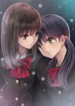  2girls bangs black_hair blush bow bowtie brown_eyes brown_hair chikuwa_(odennabe) closed_mouth eye_contact eyebrows_visible_through_hair light_smile long_hair looking_at_another low_twintails multiple_girls original red_bow red_bowtie school_uniform sidelocks smile snow twintails upper_body violet_eyes winter yuri 
