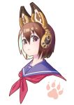  1girl animal_ears blush brown_eyes brown_hair commentary fox_ears hair_between_eyes headphones highres jaco looking_at_viewer neckerchief original sailor_collar short_hair solo white_background 