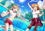  2girls artist_request bangs barefoot blue_eyes blue_sky bow broom brown_hair bucket clouds feet gym_shorts gym_uniform hair_bow holding kousaka_honoka love_live! love_live!_school_idol_festival love_live!_school_idol_project minami_kotori multiple_girls official_art one_eye_closed one_side_up open_mouth orange_hair pants pool pool_ladder short_hair shorts side_ponytail sky smile sunlight towel tree water wet wince 