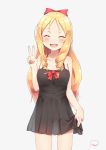  1girl :d ^_^ ^o^ bare_arms bare_legs black_dress blonde_hair blush bow closed_eyes collarbone cowboy_shot dress drill_hair eromanga_sensei facing_viewer grey_background hair_bow long_hair open_mouth piripun pointy_ears red_bow see-through_silhouette signature simple_background skirt_hold sleeveless sleeveless_dress smile solo standing sundress twin_drills v yamada_elf 