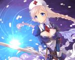  1girl armor blue_eyes braid breasts cell_(card_game) cleavage elbow_pads fighting_stance gauntlets hat holding holding_sword holding_weapon lactocbacillus long_hair looking_at_viewer monikon13 nurse_cap personification shoulder_armor solo standing sword weapon wrist_cuffs 