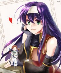  1boy 1girl artist_name bare_shoulders black_gloves book brown_hair chibi chin_rest cloak closed_eyes cyaca_ab dress elbow_gloves fingerless_gloves fire_emblem fire_emblem:_akatsuki_no_megami gloves green_eyes hair_between_eyes hairband heart lips long_hair looking_at_viewer purple_hair rhys robe short_hair sitting_on_hand smile staff turtleneck wayu_(fire_emblem) 