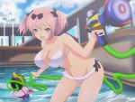  +_+ 10s 1girl bikini blue_eyes bow breasts hair_bow hibari_(senran_kagura) highres in_dex0224 large_breasts looking_at_viewer open_mouth pink_hair senran_kagura senran_kagura_(series) short_hair short_twintails smile solo swimsuit symbol-shaped_pupils twintails water water_gun 