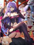  ahoge akudaijin axe beluga_dolphin blanc blue_hair breasts cleavage elbow_gloves femdom gloves highres iris_heart large_breasts long_hair looking_at_viewer multiple_girls navel neptune_(series) power_symbol purple_hair pururut red_eyes short_hair_with_long_locks sidelocks sitting_on_person small_breasts smile sword symbol-shaped_pupils very_long_hair weapon white_hair white_heart 