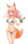  1girl animal_ears bikini blue_bikini breasts cleavage collarbone fang fate/extra fate/grand_order fate_(series) fox_ears fox_tail groin hand_in_hair large_breasts long_hair looking_at_viewer mogullaz navel open_mouth pink_hair simple_background solo swimsuit tail tamamo_(fate)_(all) tamamo_no_mae_(swimsuit_lancer)_(fate) white_background yellow_eyes 