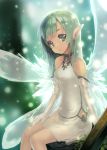  1girl :o bangs bare_shoulders blunt_bangs blurry blurry_background breasts commentary_request dark_skin dress elbow_gloves eyelashes fairy fairy_wings gloves glowing glowing_wings green_eyes green_hair leaf light_particles long_hair looking_at_viewer original outdoors parted_lips pointy_ears ritsuki sitting sleeveless sleeveless_dress small_breasts solo thigh-highs transparent_wings tree_stump very_long_hair white_dress white_gloves white_legwear wings 
