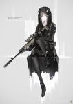  1girl fingerless_gloves full_body gloves grey_eyes grey_hair gun hooded_coat long_coat looking_at_viewer original rifle science_fiction short_hair simple_background sitting solo thigh-highs weapon yucca-612 