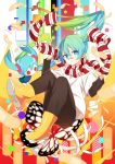  1girl ankle_boots bandaid bandaid_on_knee blue_eyes blue_hair blurry blush boots bright_pupils brown_pants butterfly casual closed_mouth colored_eyelashes colorful commentary_request creature depth_of_field expressionless foreshortening full_body hair_between_eyes hatsune_miku highres layered_sleeves long_hair long_sleeves looking_at_viewer multicolored multicolored_background orange_boots pants red_eyes rubber_boots sama scarf shirt short_sleeves striped striped_scarf tareme twintails very_long_hair vocaloid white_shirt 