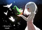  1girl absurdres bare_shoulders bird breasts closed_mouth dress feathers flying from_side highres holding light looking_at_viewer pink_dress profile red_eyes shadow short_hair small_breasts strap two-handed vittorio_veneto_(zhan_jian_shao_nyu) white_hair wreath yin_no_guanzi zhan_jian_shao_nyu 