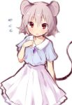  1girl :o akagashi_hagane animal_ears arm_behind_back blush buttons diamond_(shape) flying_sweatdrops frilled_skirt frills grey_hair long_skirt mouse_ears mouse_tail nazrin open_mouth red_eyes short_hair short_sleeves simple_background skirt solo tail touhou white_background white_skirt 