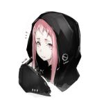  1girl 3: closed_mouth flying_sweatdrops hood hood_up long_hair looking_at_viewer lowres mask mask_removed original pink_eyes pink_hair science_fiction sidelocks simple_background solo upper_body white_background yucca-612 