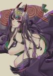  1girl alternate_hair_length alternate_hairstyle bangs blunt_bangs blush breasts commentary fate/grand_order fate_(series) horns ishida_kaname japanese_clothes kimono long_hair oni oni_horns open_mouth pointy_ears purple_hair shuten_douji_(fate/grand_order) simple_background small_breasts smile solo very_long_hair violet_eyes 
