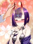  1girl bare_shoulders blush bob_cut breasts closed_mouth ebido eyebrows_visible_through_hair fate/grand_order fate_(series) highres horn_grab horns oni oni_horns pale_skin pointy_ears purple_hair short_hair shuten_douji_(fate/grand_order) small_breasts solo_focus upper_body violet_eyes wavy_mouth 