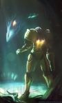  1girl arm_cannon armor from_behind full_armor full_body glowing glowing_eyes highres jetpack light_rays looking_at_another metroid power_armor power_suit rhexfiremind ridley samus_aran sharp_teeth shoulder_pads standing teeth varia_suit weapon 