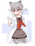  1girl animal_ears babirusa_(kemono_friends) blue_eyes bottle coat glasses grey_hair kemono_friends multicolored_hair pantyhose pig_ears pig_tail simple_background solo tail tatu_nw two-tone_hair upper_body water_bottle white_background white_hair 