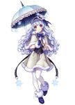  1girl absurdres blue_boots blue_gloves boots curly_hair full_body fur_trim gloves hairband hat highres long_hair looking_at_viewer original pantyhose parasol personification pink_eyes snowflakes solo umabi umbrella white_hair white_hat white_legwear 
