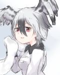  1girl artist_name black_hair feathered_wings grey_background grey_hair harpy_eagle_(kemono_friends) kemono_friends multicolored_hair open_mouth red_eyes simple_background solo tatu_nw towel two-tone_hair upper_body wings 