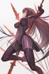  1girl arm_up armor bodysuit breasts commentary_request covered_navel fate/grand_order fate_(series) gae_bolg highres holding holding_weapon lack large_breasts lips long_hair looking_up one_leg_raised pauldrons polearm purple_bodysuit purple_hair red_eyes scathach_(fate/grand_order) shoulder_armor skin_tight solo spear very_long_hair weapon 