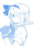  anarogumaaa bangs blue blunt_bangs bow bowtie fingerless_gloves from_side gloves hair_over_one_eye hairband katana konpaku_youmu looking_at_viewer monochrome one_eye_covered over_shoulder puffy_short_sleeves puffy_sleeves short_hair short_sleeves simple_background sketch sword touhou upper_body vest weapon weapon_over_shoulder 