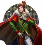  1boy argyle argyle_background brown_eyes brown_hair cape crescent crown facial_mark forehead_mark gloves highres looking_at_viewer male_focus original personification red_cape solo standing syu_kamiya umabi vest white_gloves 