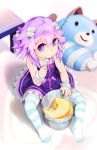  1girl bucket choker d-pad dogoo eating food food_on_face hair_ornament highres looking_at_viewer looking_up neptune_(choujigen_game_neptune) neptune_(series) pudding purple_hair revision segamark short_hair sitting solo spoon striped striped_legwear stuffed_toy thigh-highs violet_eyes younger 