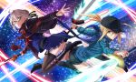  2girls absurdres ahoge baseball_cap black_boots black_hat black_jacket black_legwear black_shorts blonde_hair blue_jacket blue_scarf blue_skirt boots brown_hair closed_mouth commentary_request dual_wielding fate/grand_order fate_(series) fighting_stance foreshortening glowing glowing_sword glowing_weapon green_eyes hair_between_eyes hat heroine_x heroine_x_(alter) highres hinomoto_madoka jacket knee_boots long_hair long_sleeves looking_at_viewer midair miniskirt multiple_girls neckerchief open_clothes open_jacket outstretched_arm plaid plaid_scarf pleated_skirt pocket ponytail red_neckerchief red_scarf saber scarf school_uniform serafuku serious short_hair short_shorts shorts sidelocks skirt sparkle thigh-highs tsurime twisted_torso weapon yellow_eyes 