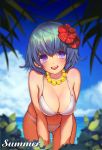  1girl :d bangs bare_shoulders bead_necklace beads bending_forward bent_over bikini bikini_bottom bikini_top blue_hair blue_sky blush breasts bush cleavage clouds cloudy_sky collarbone commentary cowboy_shot day english flower fujoshi_kusako gluteal_fold gradient gradient_hair green_hair hair_between_eyes hair_flower hair_ornament hands_on_own_knees hibiscus jewelry large_breasts leaning_forward looking_at_viewer midriff mole mole_under_eye multicolored_hair navel necklace open_mouth original outdoors plant red_flower short_hair sky smile solo strap_gap swimsuit teeth text upper_teeth violet_eyes white_bikini white_bikini_bottom white_bikini_top 