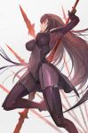  arm_up armor bodysuit breasts commentary_request covered_navel fate/grand_order fate_(series) gae_bolg highres holding holding_weapon lack large_breasts lips long_hair looking_up one_leg_raised pauldrons polearm purple_bodysuit purple_hair red_eyes scathach_(fate/grand_order) shoulder_armor skin_tight spear very_long_hair weapon 