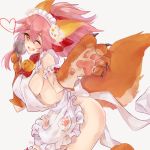 1girl animal_ears apron ass bell bell_collar blush breasts collar fang fate/grand_order fate_(series) fox_ears fox_tail hair_ribbon heart large_breasts long_hair looking_at_viewer looking_to_the_side naked_apron one_eye_closed open_mouth paws pink_hair ribbon sideboob simple_background solo tail tamamo_(fate)_(all) tamamo_cat_(fate) white_background yellow_eyes yuge_(mkmk) 