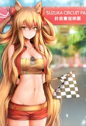  1girl animal_ears arms_behind_back blonde_hair breasts checkered checkered_flag cleavage commentary_request fate/extra fate/extra_ccc fate/extra_ccc_fox_tail fate_(series) flag fox_ears fox_tail ginhaha hair_ornament hair_rings light_smile long_hair looking_at_viewer medium_breasts midriff navel red_shorts saber_(fate/extra_ccc_fox_tail) shorts sleeveless solo tail very_long_hair yellow_eyes 