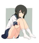  black_eyes black_hair blue_sailor_collar blue_skirt braid brown_eyes hair_between_eyes isonami_(kantai_collection) kantai_collection kugui_kiyunemu long_hair no_shoes panties pantyshot pantyshot_(sitting) pleated_skirt school_uniform serafuku sidelocks sitting skirt socks solo underwear white_legwear white_panties 