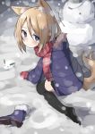  1girl abarabone animal_ears black_legwear blonde_hair blue_eyes blush boots_removed closed_mouth coat frown highres kneeling looking_at_viewer looking_back mittens original outdoors plaid plaid_scarf red_scarf scarf snow snow_bunny snowman solo tail tears thigh-highs 