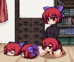  1girl ^_^ animated animated_gif bangs barefoot book bookshelf bouncing bow closed_eyes commentary_request curtains disembodied_head drawer hair_bow indoors isu_(is88) miniskirt pixel_art purple_bow red_eyes red_skirt redhead sekibanki short_hair skirt smile touhou 