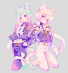  &gt;:d 2boys :d animal_ears black_gloves blonde_hair cat_ears cat_tail cropped_legs gloves green_hair higekiri_(touken_ranbu) hizamaru_(touken_ranbu) jacket_on_shoulders kemonomimi_mode komusun male_focus multiple_boys open_mouth smile tail touken_ranbu yellow_eyes 