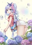  1girl :&gt; ass bag bare_shoulders bent_over blouse blue_eyes blue_hair blush breasts character_request dated flower hair_flower hair_ornament hairband hydrangea long_hair looking_at_viewer off_shoulder pisuke ponytail shorts smile snail solo water watermark 