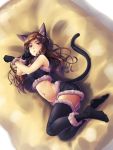  1girl absurdres animal_ears bare_shoulders bell bell_collar black_legwear blush breasts brown_eyes brown_hair cat_ears cat_paws cat_tail collar full_body gloves highres idolmaster idolmaster_million_live! k.sho kitazawa_shiho long_hair looking_at_viewer lying medium_breasts navel on_side paw_gloves paws solo tail thigh-highs 