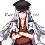  1girl belt black_gloves breasts gangut_(kantai_collection) gloves grey_hair hat highres long_hair long_sleeves looking_at_viewer military military_hat military_jacket military_uniform nomad orange_eyes red_skirt remodel_(kantai_collection) skirt smile solo uniform 