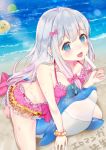  1girl barefoot beach bikini blue_eyes bow bracelet day dolphin eromanga_sensei food frilled_bikini frilled_skirt frills hair_bow highres hoshimiya_nazuna inflatable_toy izumi_sagiri jewelry lens_flare long_hair low-tied_long_hair octopus outdoors pink_bikini popsicle silver_hair skirt solo swimsuit 