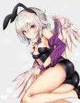  1girl animal_ears ass bare_shoulders black_shoes bow bowtie breasts brooch bunny_tail detached_collar expressionless fake_animal_ears feathered_wings highres houdukixx jacket jewelry kishin_sagume leotard looking_at_viewer medium_breasts rabbit_ears red_bow red_bowtie red_eyes shoes silver_hair simple_background single_wing solo tail touhou white_wings wings wrist_cuffs 