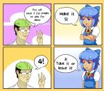  1boy 1girl 4koma absurdres blue_eyes blue_hair brown_hair cirno comic d: dress english flower glasses hidden_star_in_four_seasons highres neferkitty open_mouth parody spongebob_squarepants sunflower tan tanned_cirno touhou zun 