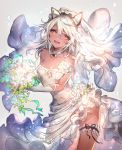  1girl bare_shoulders blush bouquet breasts bridal_veil bride cleavage dark_skin dress elbow_gloves flower formal gloves guilty_gear guilty_gear_xrd long_hair looking_at_viewer medium_breasts open_mouth oro_(sumakaita) ramlethal_valentine red_eyes short_hair smile solo veil wedding_dress white_dress white_gloves white_hair 