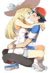  1boy 1girl arms_around_waist back black_hair blonde_hair breasts green_eyes hetero kuriyama leg_lock lillie_(pokemon) pokemon pokemon_(anime) pokemon_sm pokemon_sm_(anime) red_hat satoshi_(pokemon) shirt striped striped_shirt white_dress white_hat z-ring 