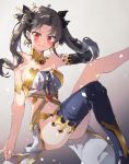  1girl armlet bare_shoulders black_hair black_ribbon blush breasts chibirisu cleavage commentary_request crown detached_sleeves earrings fate/grand_order fate_(series) floating_hair gradient gradient_background hair_ribbon hand_in_hair highres hoop_earrings ishtar_(fate/grand_order) jewelry leg_up long_hair medium_breasts midriff navel parted_lips red_eyes ribbon sideboob single_sleeve single_thighhigh sitting solo sweat thigh-highs tohsaka_rin two_side_up 