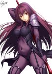  1girl arm_at_side arm_behind_head artist_name between_breasts bodysuit breasts closed_mouth covered_navel fate/grand_order fate_(series) gauntlets gluteal_fold hair_between_eyes hair_intakes holding holding_weapon impossible_clothes long_hair looking_at_viewer medium_breasts pauldrons purple_bodysuit purple_hair red_eyes sakiyamama scathach_(fate/grand_order) simple_background skindentation sky solo standing weapon white_background 