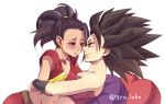  2girls armlet artist_request black_hair blush caulifla dragon_ball dragon_ball_super earrings girl_on_top heart heart_pillow hug jewelry kale_(dragon_ball) long_hair lying multiple_girls on_back pillow ponytail spiky_hair yuri 