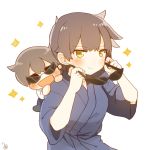  2girls alternate_color artist_name brown_hair chibi commentary_request dual_persona ina_(1813576) japanese_clothes kaga_(kantai_collection) kantai_collection multiple_girls short_sidetail signature smile sparkle sunglasses sunglasses_removed yellow_eyes 