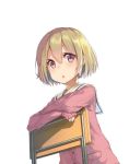  1girl :o bangs blonde_hair blush bob_cut brown_eyes chair crossed_arms hair_between_eyes looking_at_viewer open_mouth oweee short_hair simple_background sitting sitting_backwards sleeves_past_wrists solo upper_body white_background 